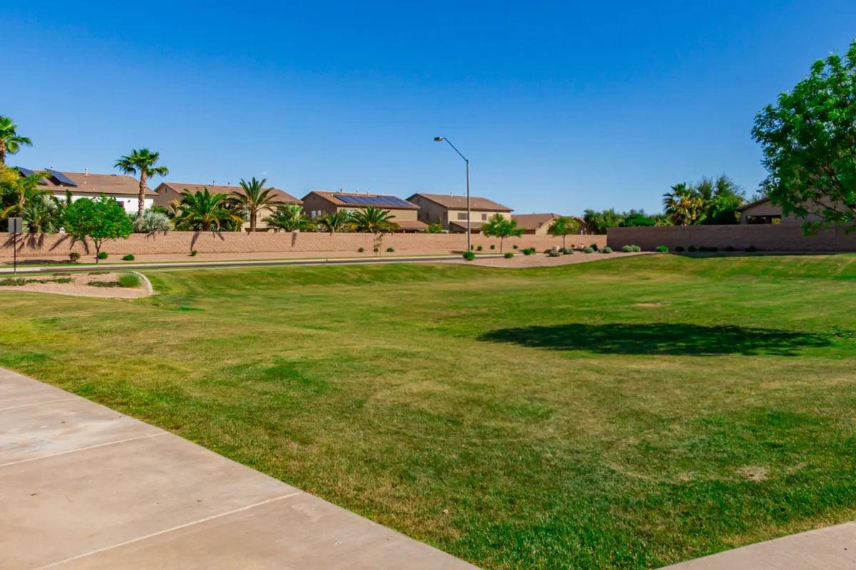 A spacious green lawn bordered by palm trees with residential homes in the background. The atmosphere is relaxed and cheerful, perfect for outdoor gatherings, children’s games, and family picnics. The sun sets in the distance, bathing the scene in a warm glow.
