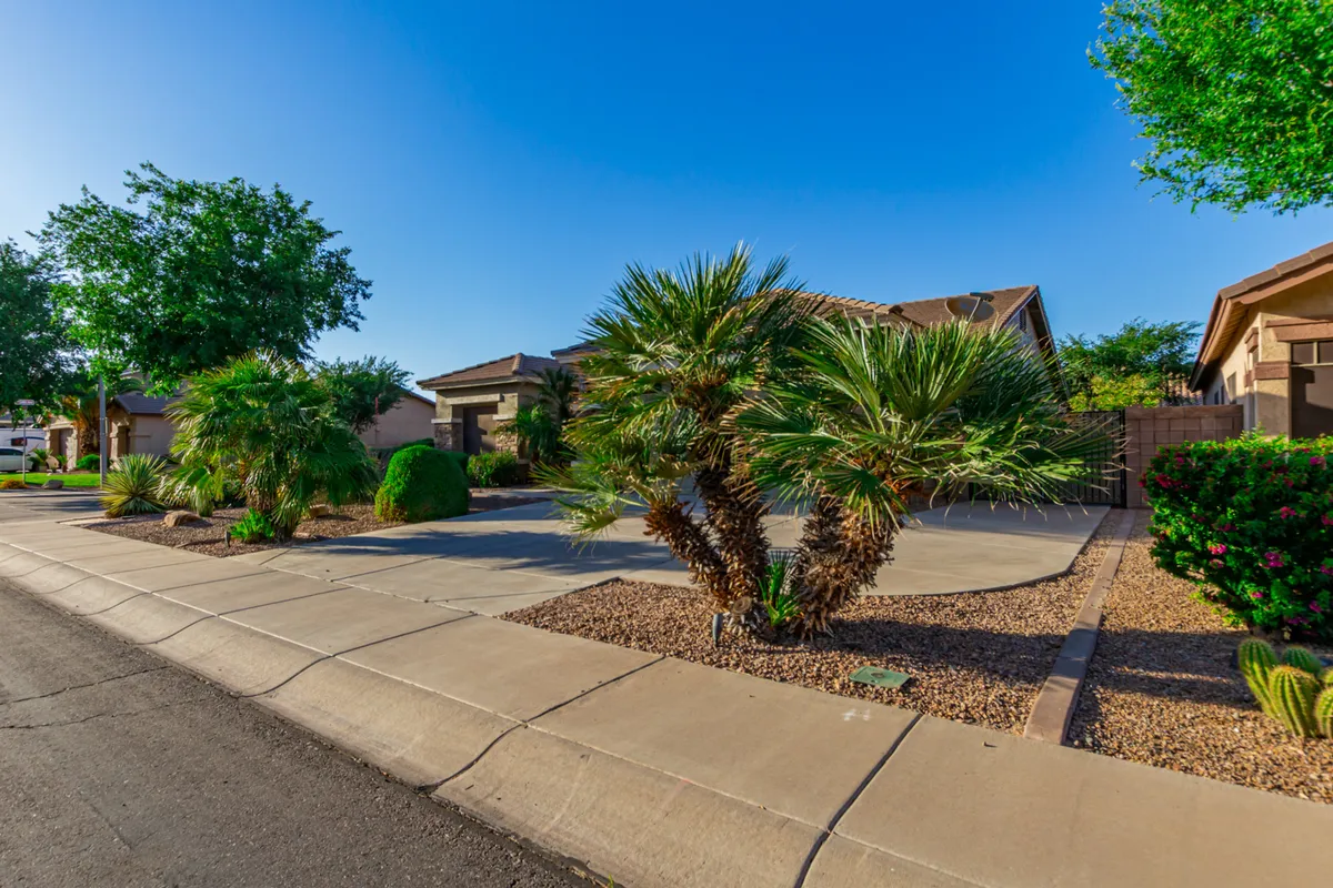 This image highlights the home’s inviting front yard, palm trees, driveway, and facade. The spacious driveway and landscaped setting illustrate outdoor relaxation opportunities and household practicality.